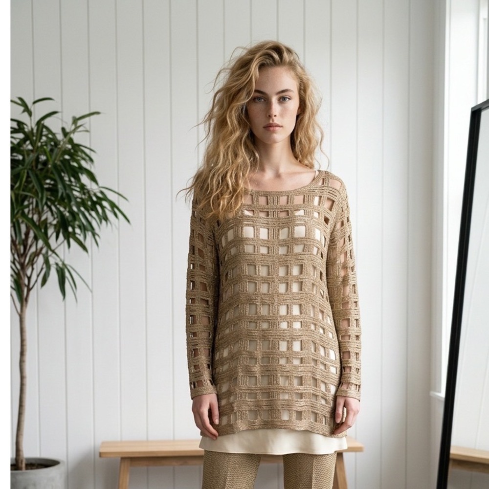Travelers Gold Metallic Open Knit Basketweave Cage Sweater Top Long Sleeve Lurex